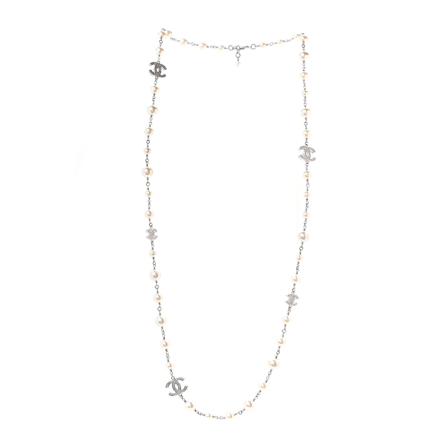Crystal Pearl CC Long Necklace Silver
