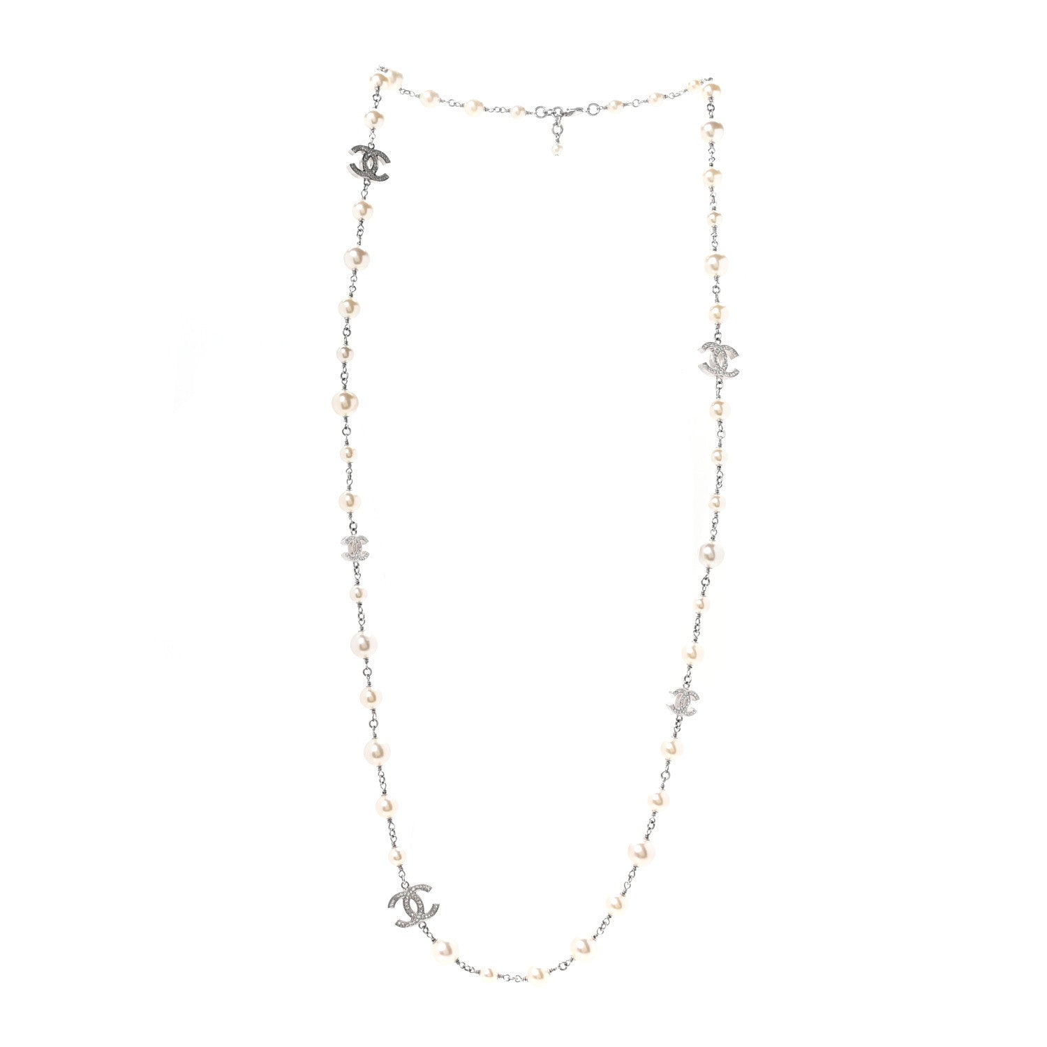 Chanel Crystal Pearl CC Long Necklace Silver 3 of 4