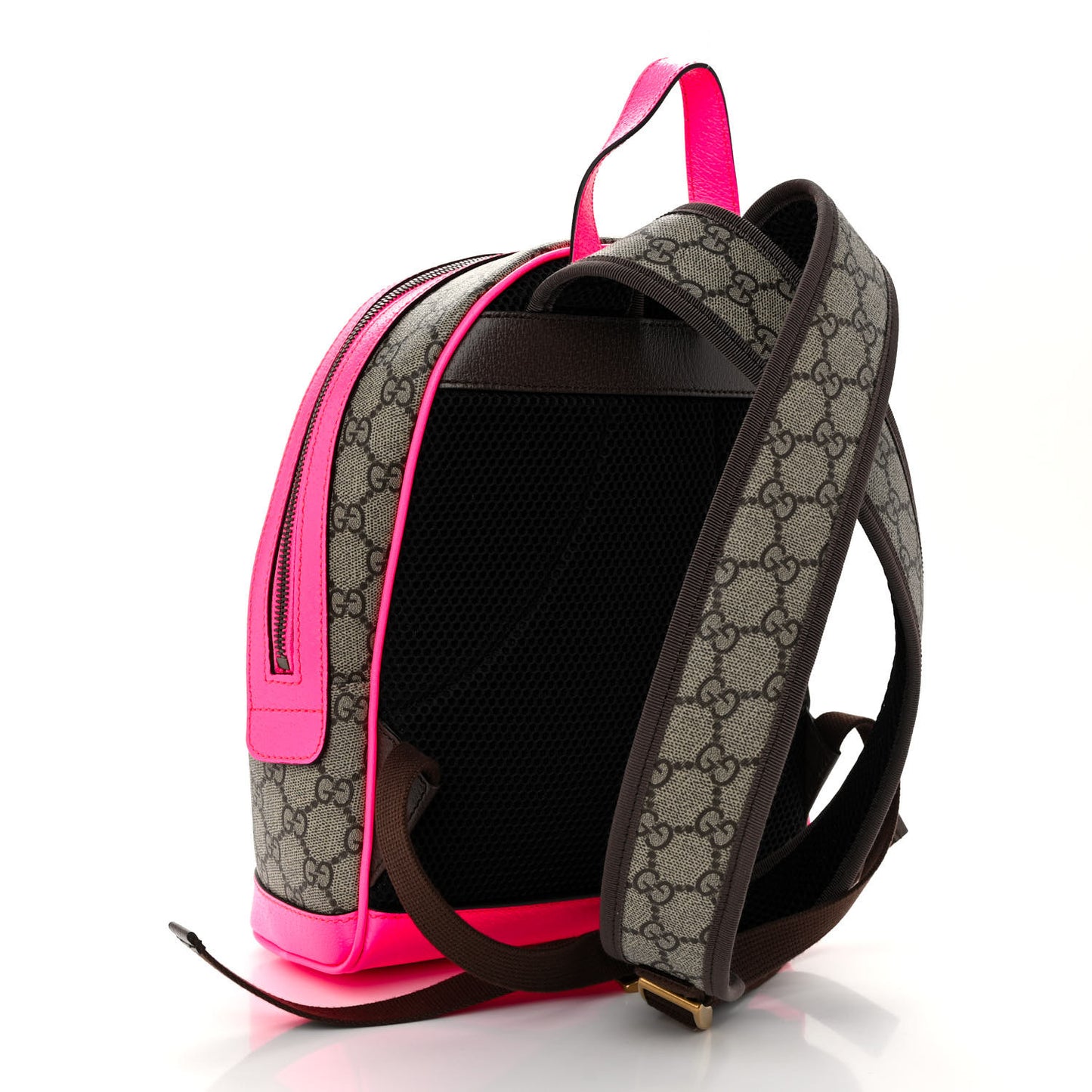 GG Supreme Monogram Textured Dollar Calfskin Web Small Ophidia Day Backpack Beige Ebony Fluorescent Fuchsia