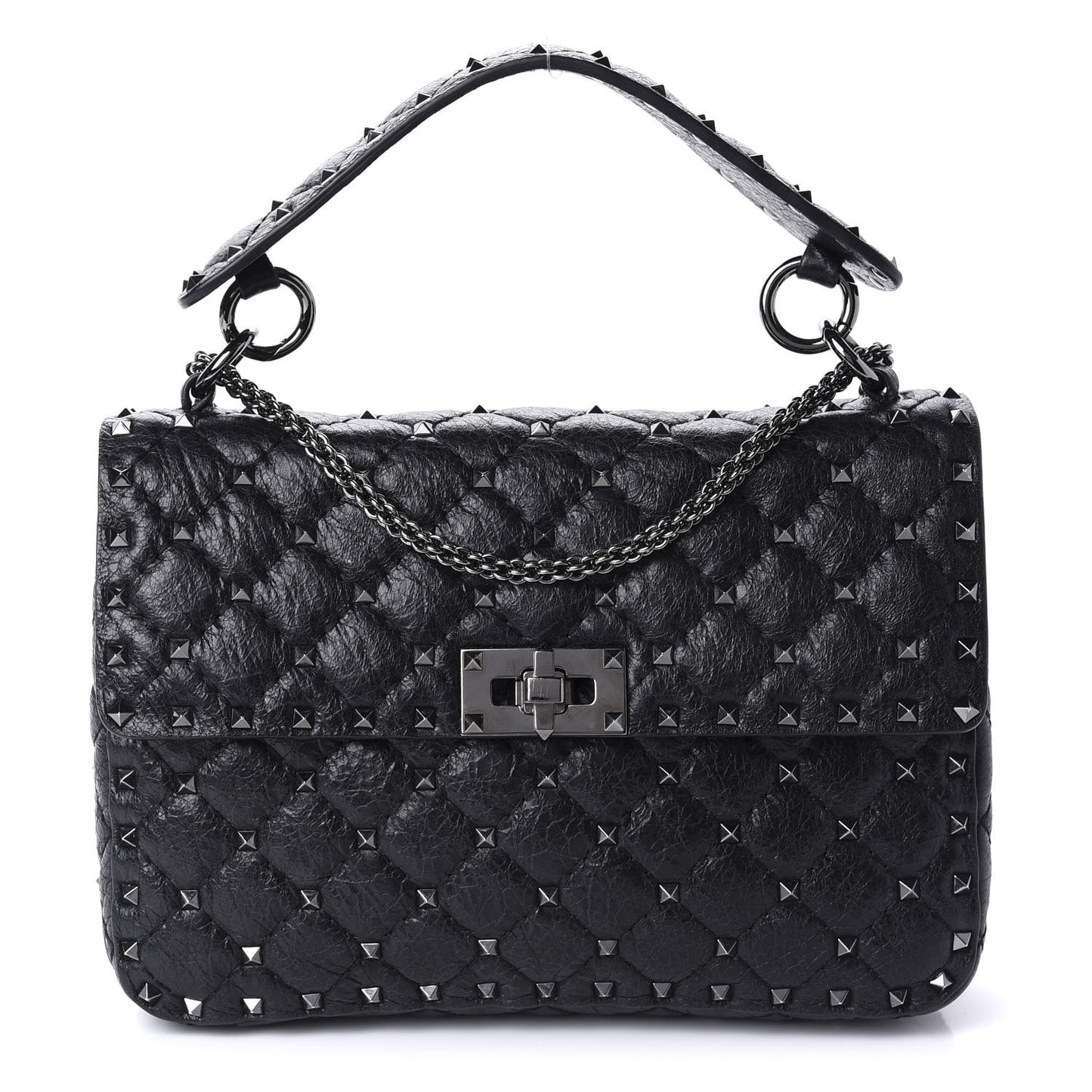 Craquele Nappa Medium Rockstud Spike Shoulder Bag Black