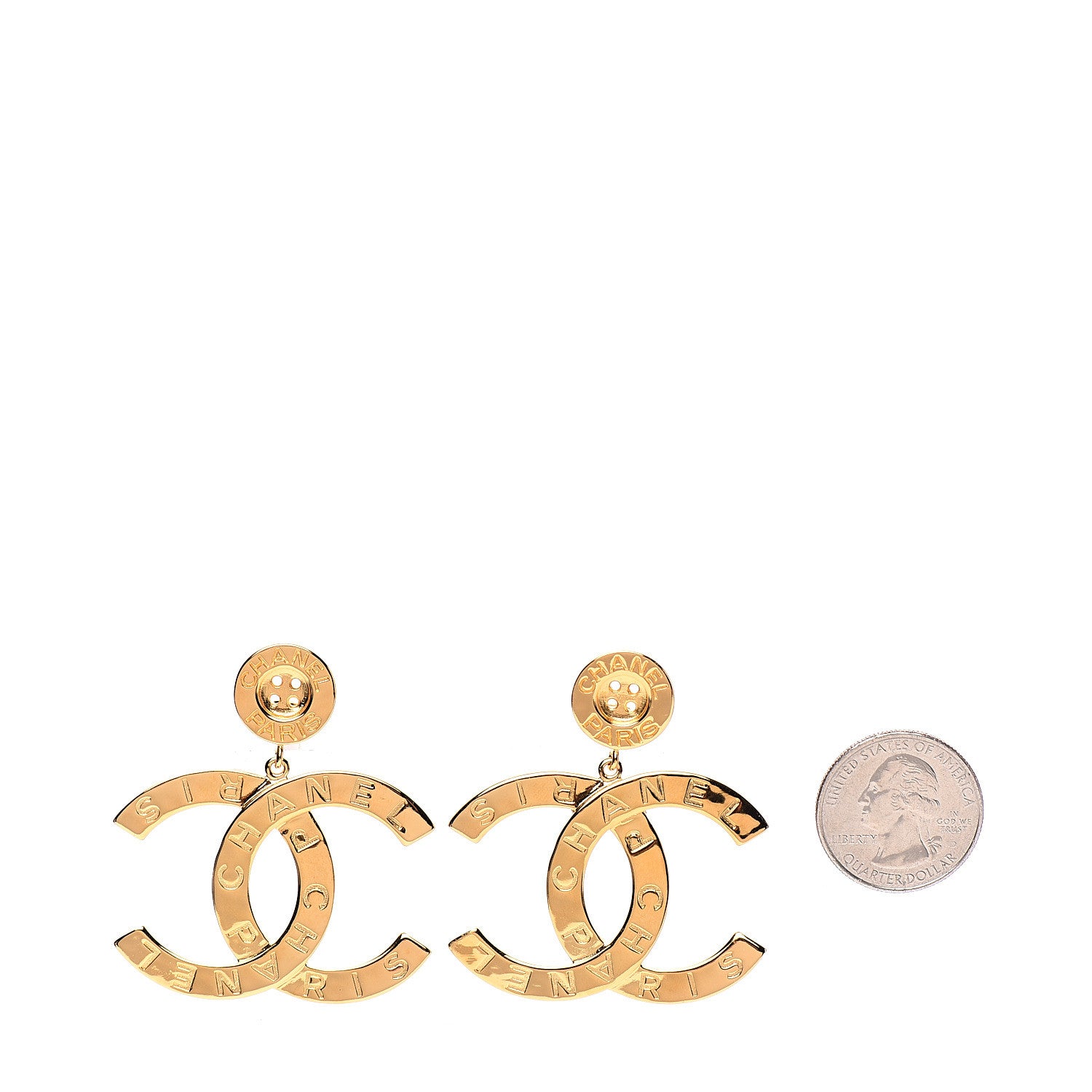 Chanel Metal Large Paris Button Clip On Earrings Gold 2 of 5