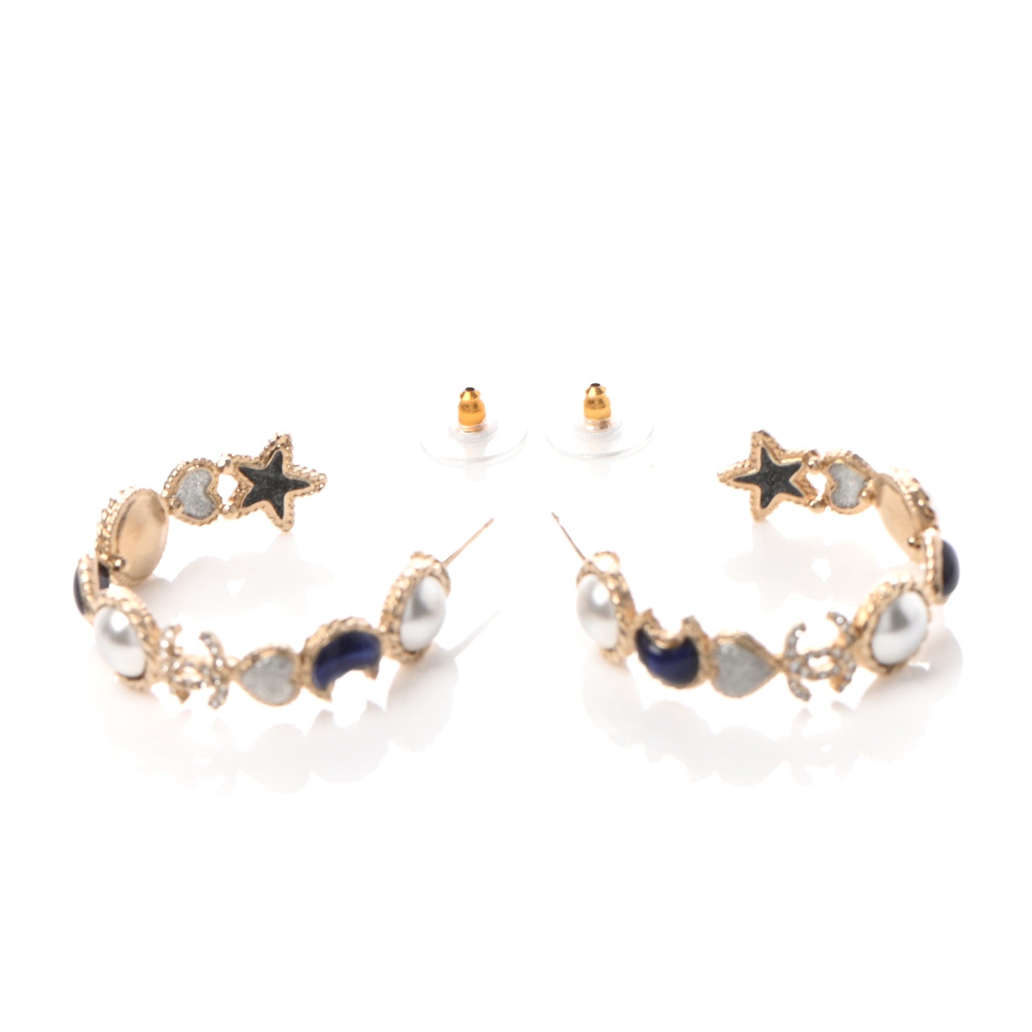Chanel Crystal Pearl CC Hoop Earrings Gold Pearly White Blue 3 of 4
