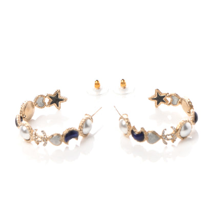 Chanel Crystal Pearl CC Hoop Earrings Gold Pearly White Blue 3 of 4
