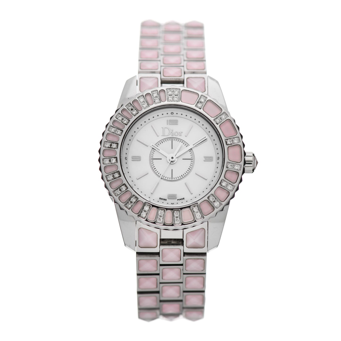 Stainless Steel Diamond Sapphire Pink Mother of Pearl 29mm Christal Quartz Watch