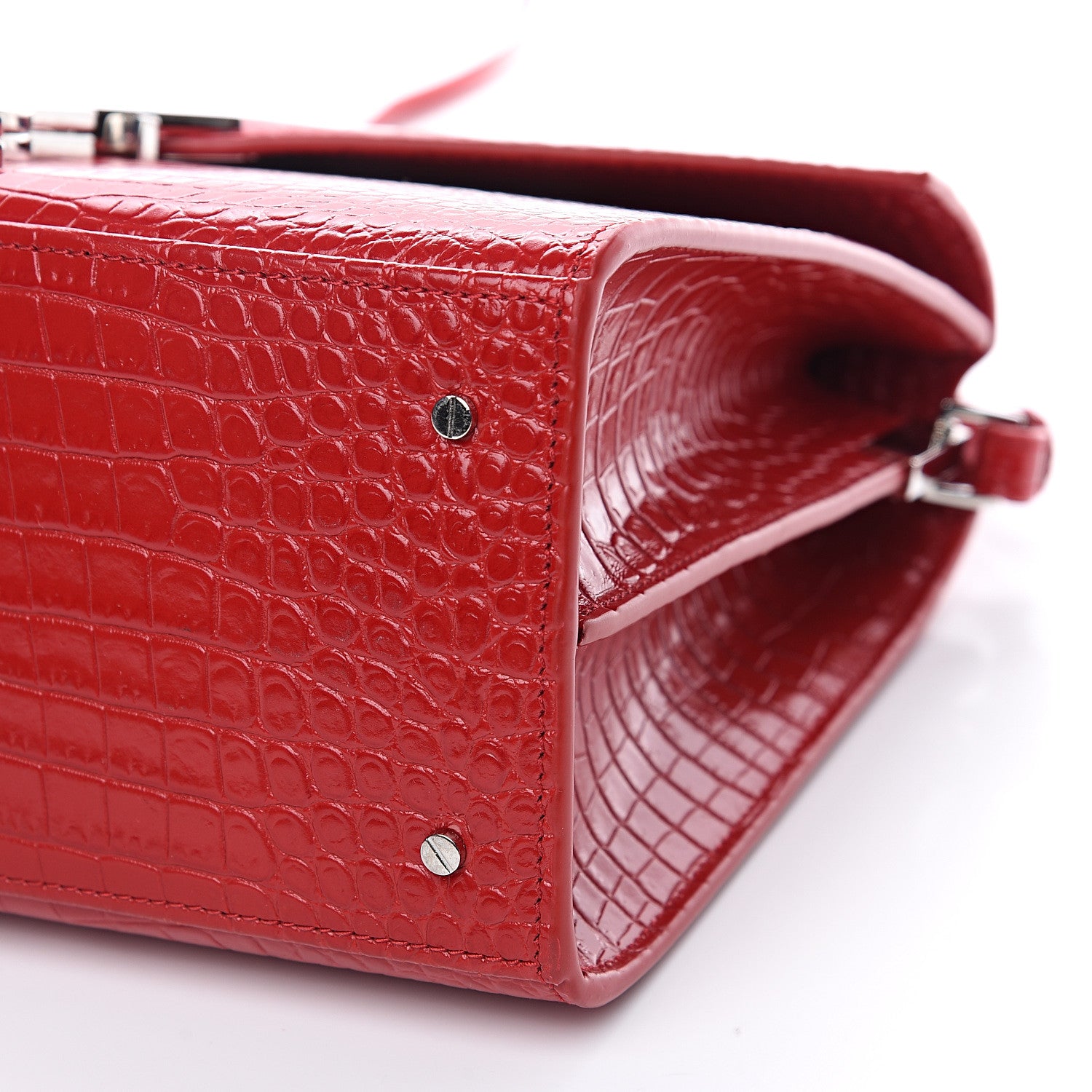 Saint Laurent Calfskin Crocodile Embossed Medium Classic Monogram Cassandra Top Handle Red 9 of 9