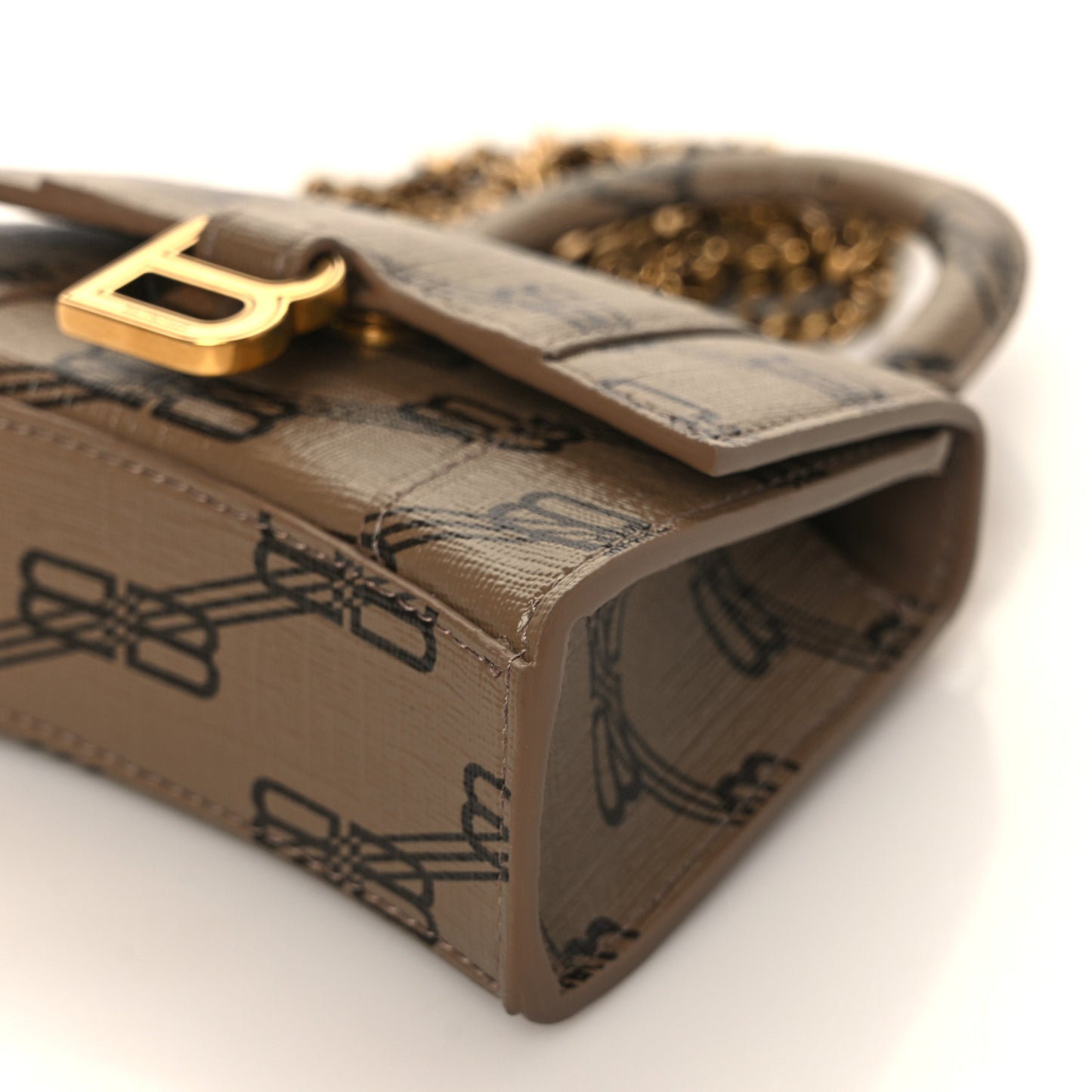 Coated Canvas BB Monogram Hourglass Top Handle Bag Mini with Chain Beige Brown