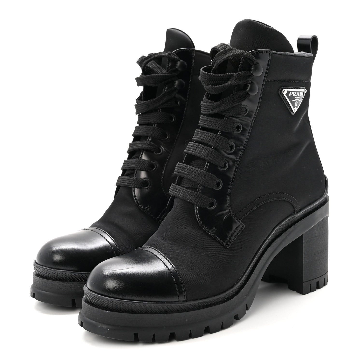 Prada Spazzolato Re-Nylon Metal Triangle Logo Lace Up 55mm Ankle Boots 38.5 Black 4 of 9