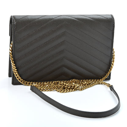 Saint Laurent Grain De Poudre Matelasse Chevron Monogram Envelope Chain Wallet Pebble 2 of 10