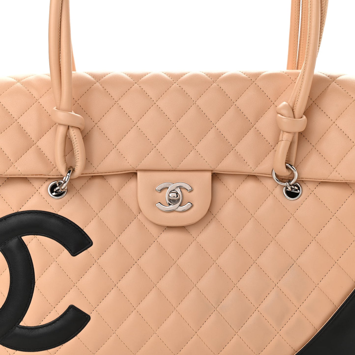 Calfskin Quilted Large Cambon Flap Beige Black