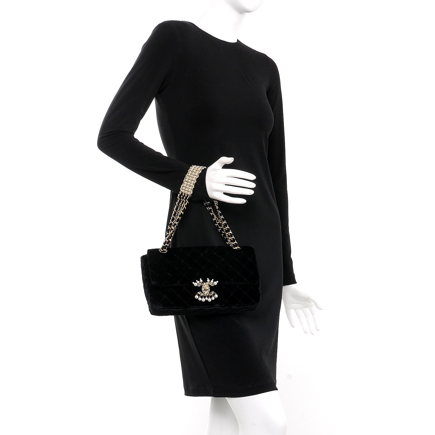 Chanel Velvet Pearl Quilted Medium Single Flap Black 2 of 9