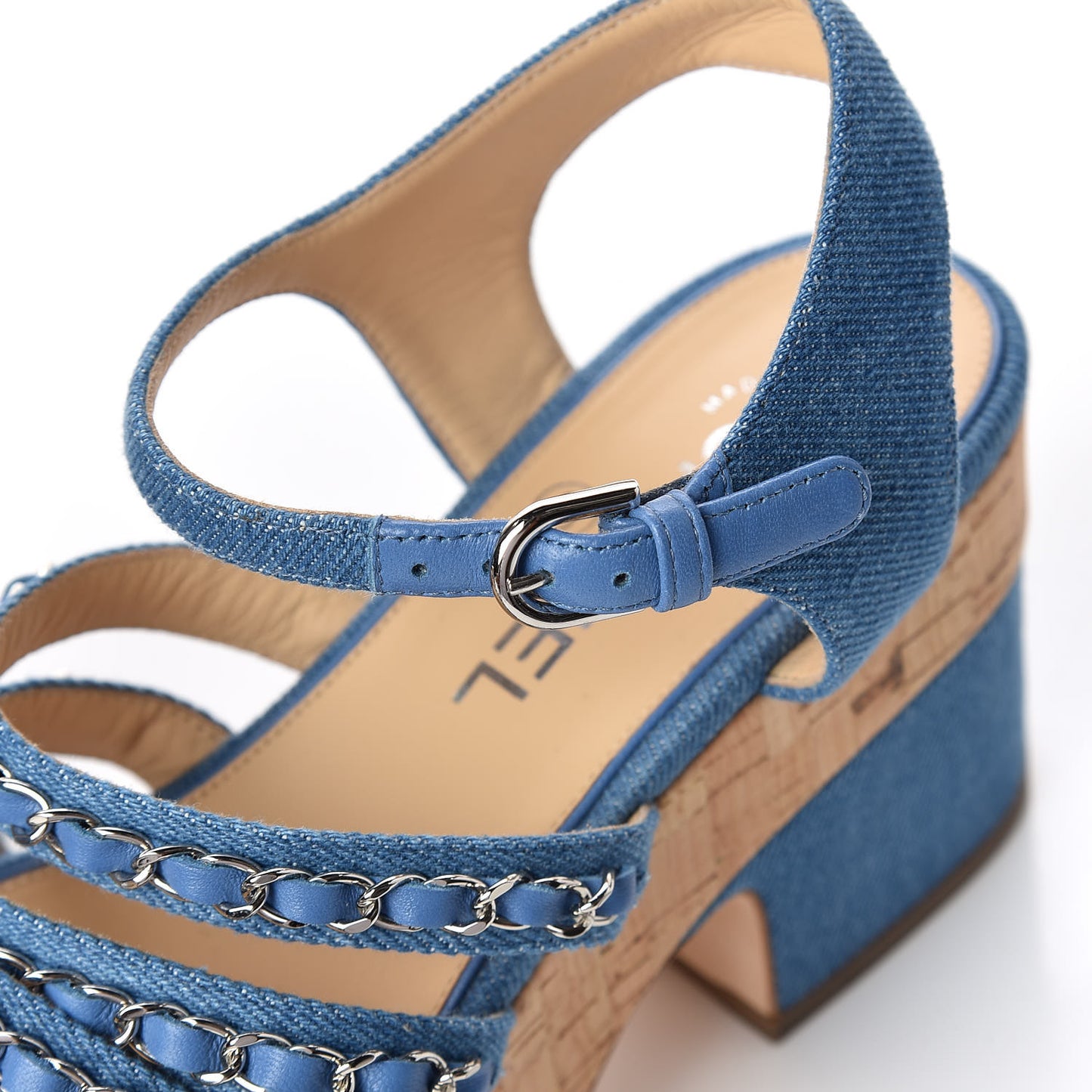 Denim Cork Chain Wedge Sandals 37 Blue