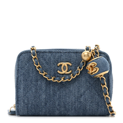 Chanel Denim Quilted CC Pearl Crush Zip Card Holder On Chain Blue 1 of 11