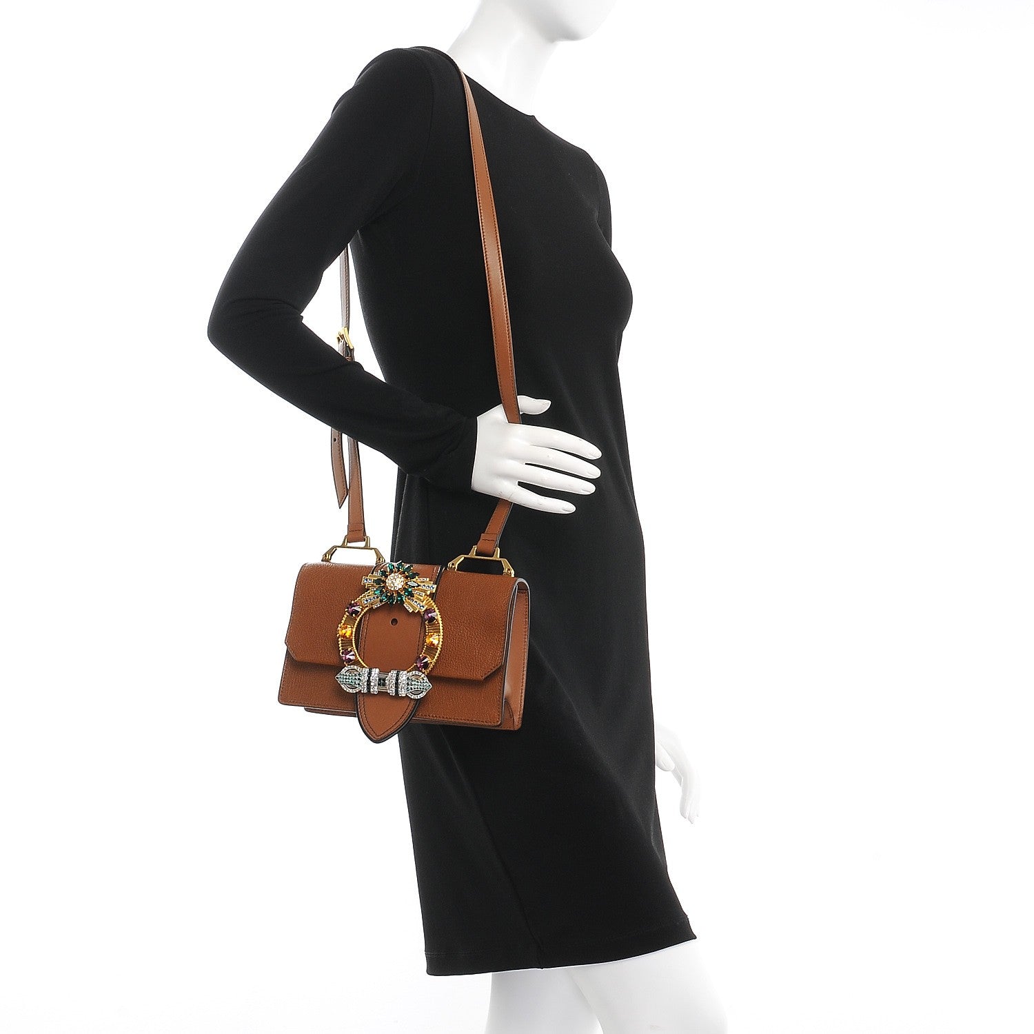 Miu Miu Goatskin Madras Soft Calf Crystal Embellished Shoulder Bag Brandy 2 of 6