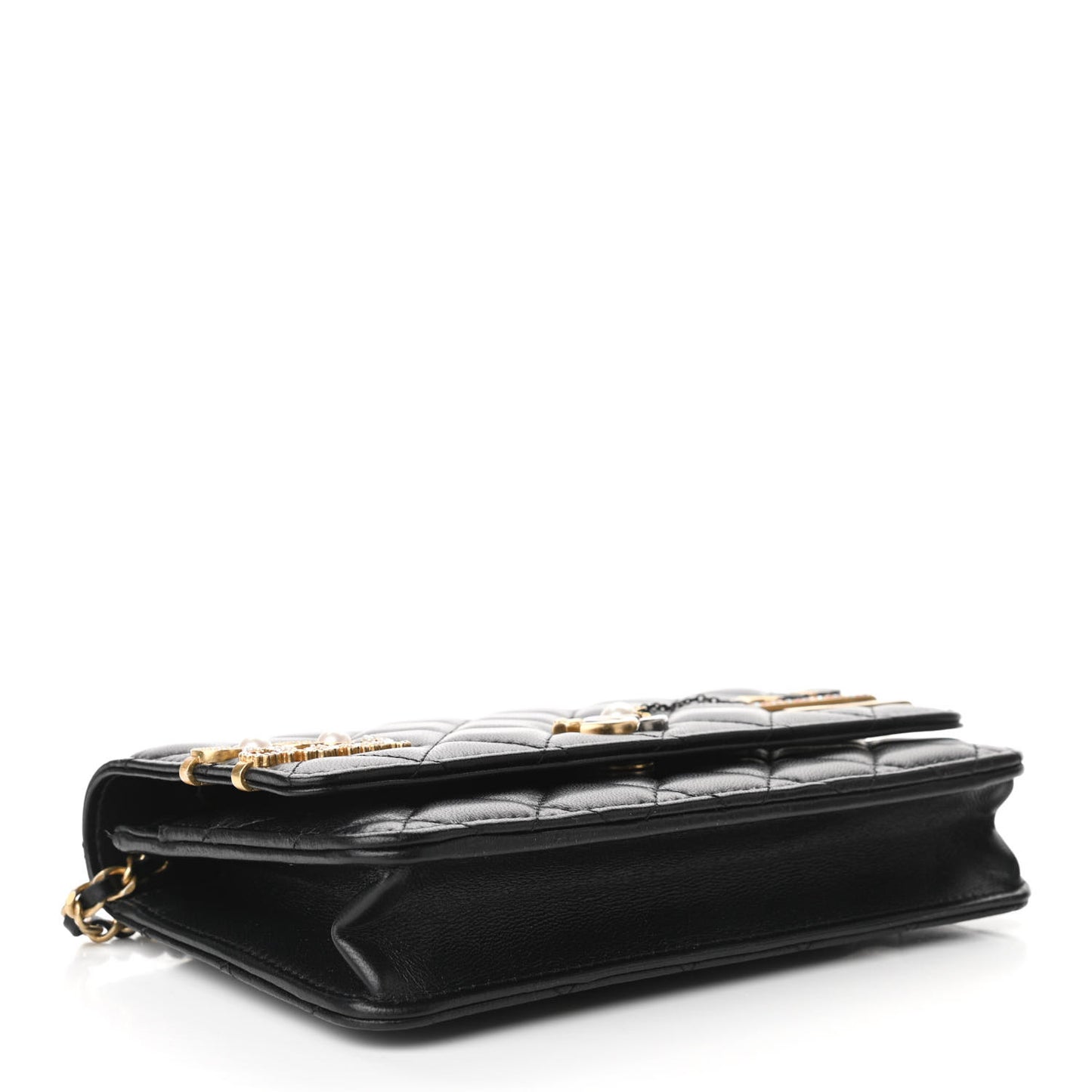 Lambskin Quilted Coco Clips Wallet On Chain WOC Black