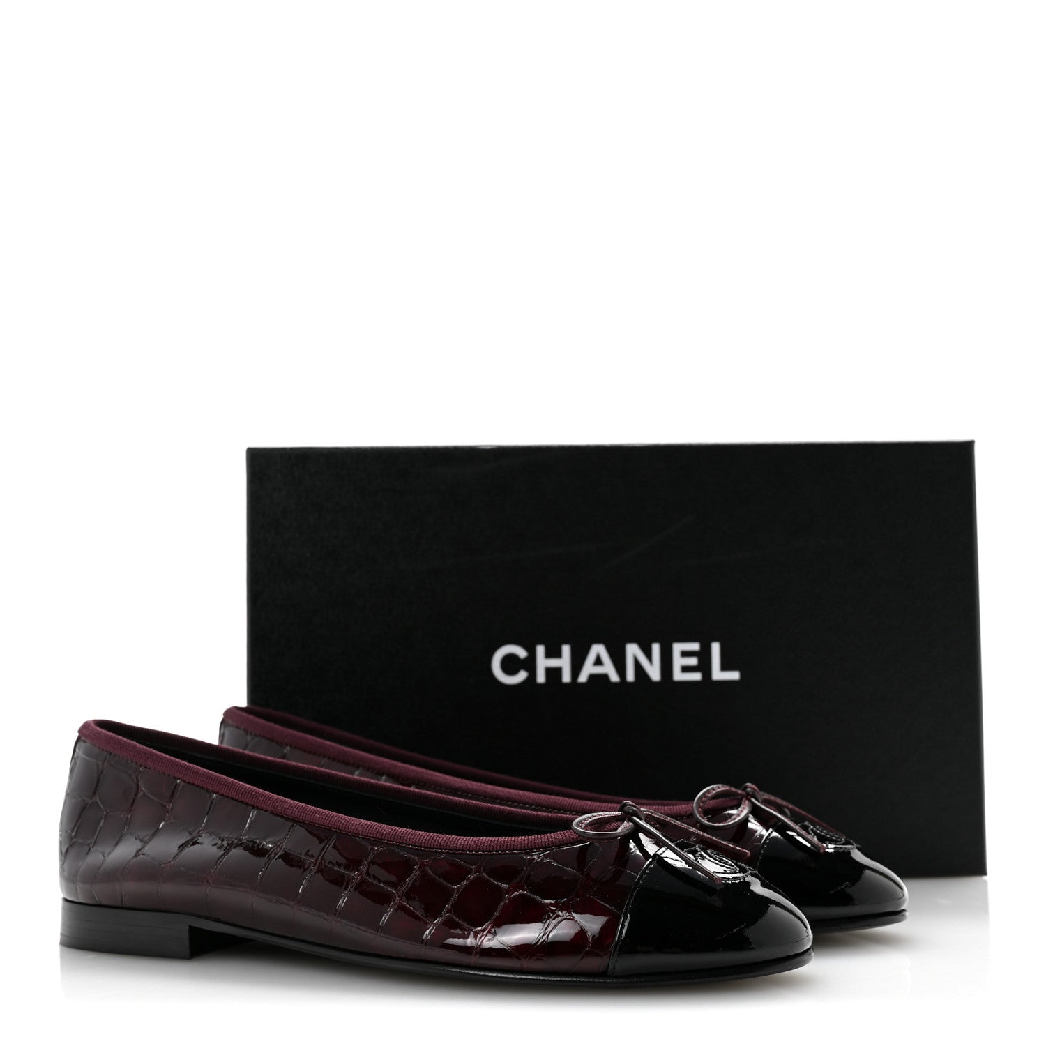 Chanel Crocodile Embossed Patent Cap Toe Ballerina Flats 38.5 Dark Burgundy Black 10 of 10
