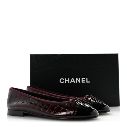 Chanel Crocodile Embossed Patent Cap Toe Ballerina Flats 38.5 Dark Burgundy Black 10 of 10