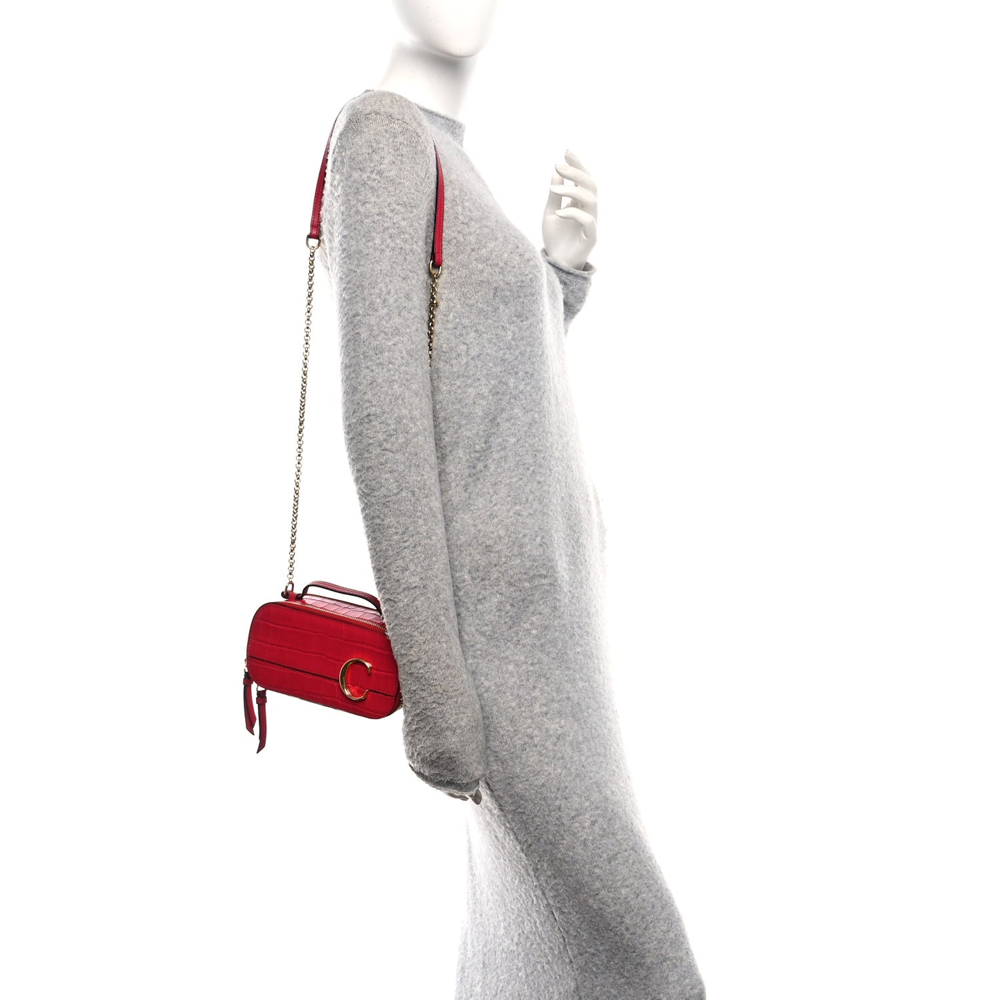 Calfskin Crocodile Embossed Mini C Vanity Bag Red