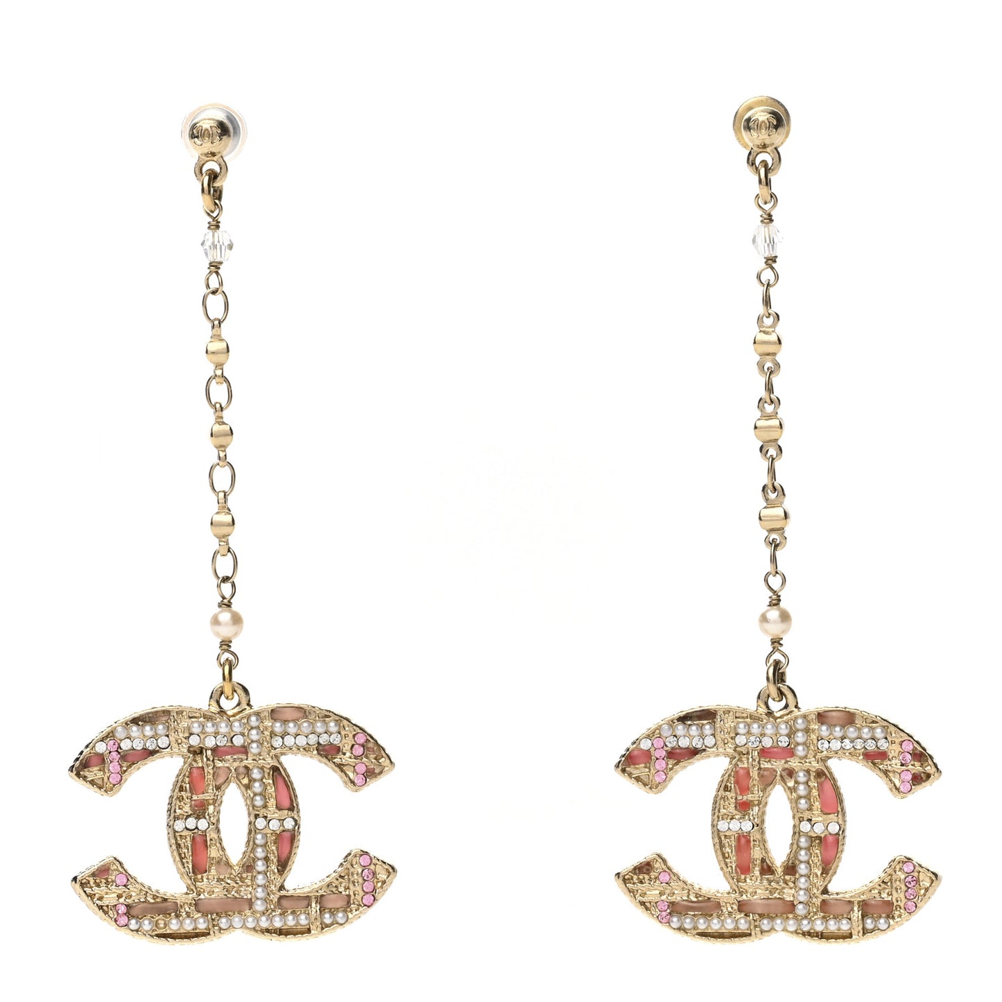 Pearl Crystal CC Tweed Drop Earrings Gold Pink Pearly White