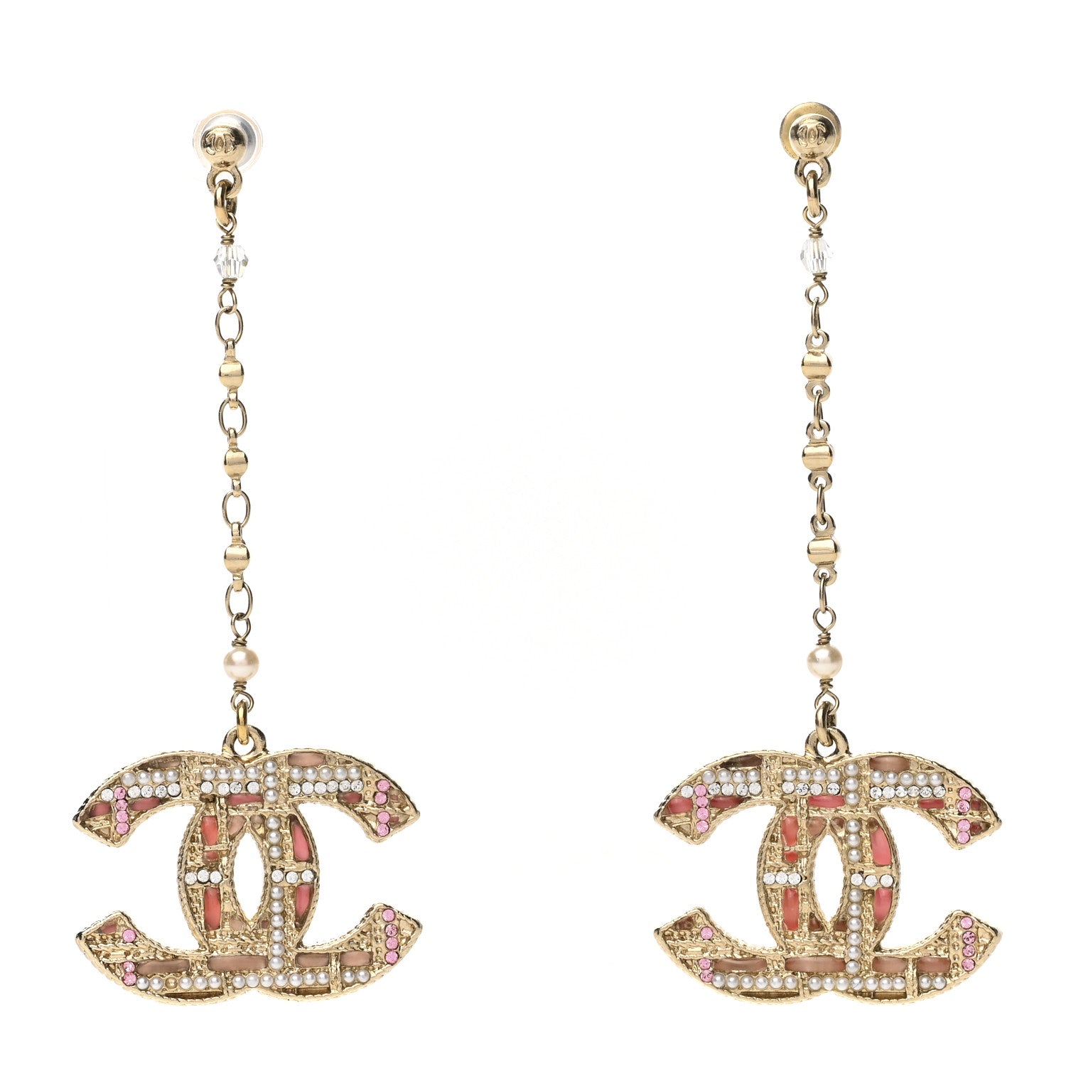 Chanel Pearl Crystal CC Tweed Drop Earrings Gold Pink Pearly White 1 of 4