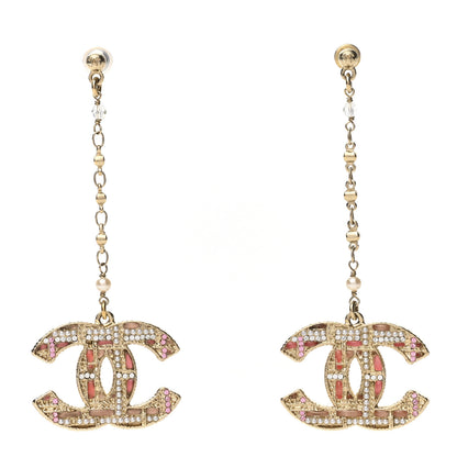 Chanel Pearl Crystal CC Tweed Drop Earrings Gold Pink Pearly White 1 of 4