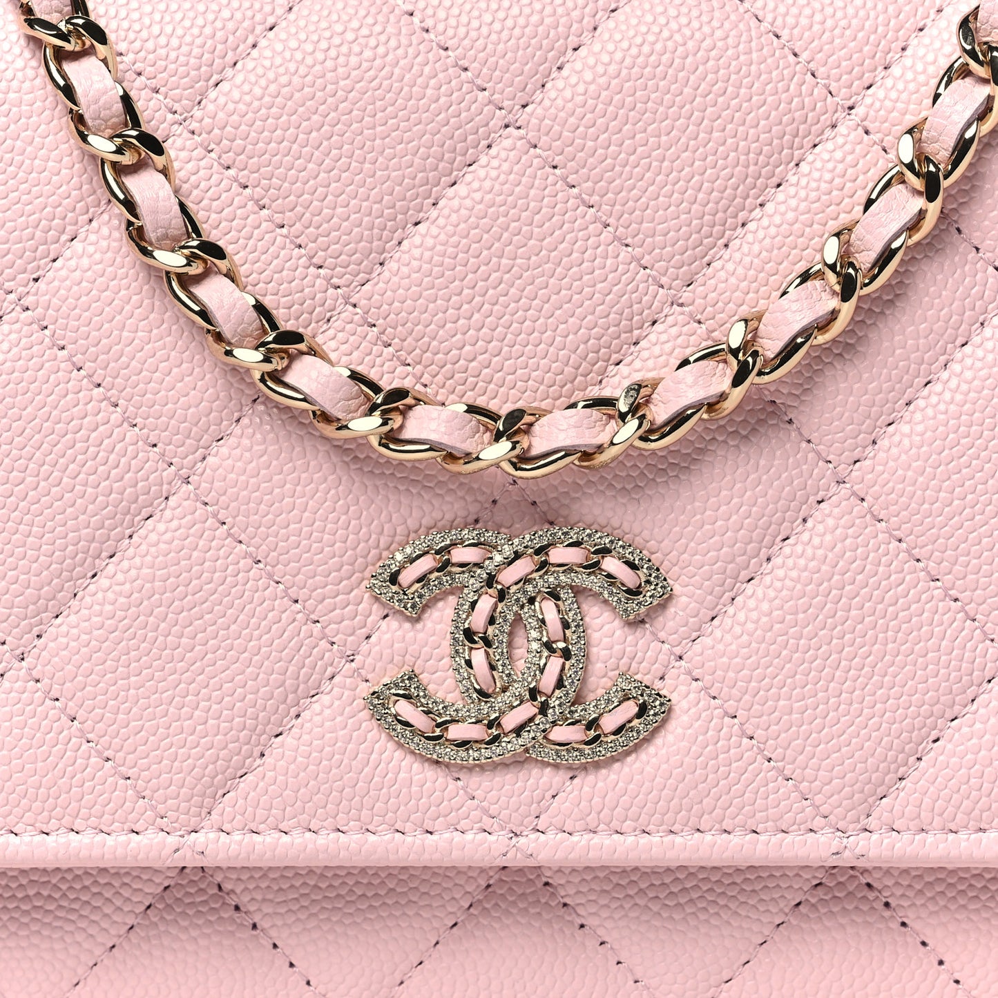 Caviar Quilted Crystal CC Wallet On Chain WOC Light Pink