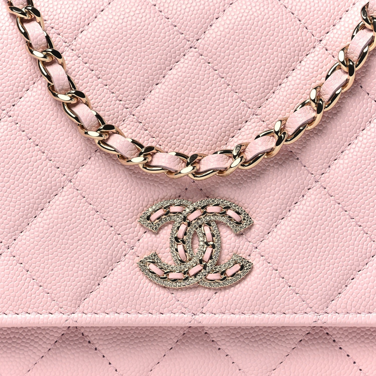 Chanel Caviar Quilted Crystal CC Wallet On Chain WOC Light Pink 9 of 12