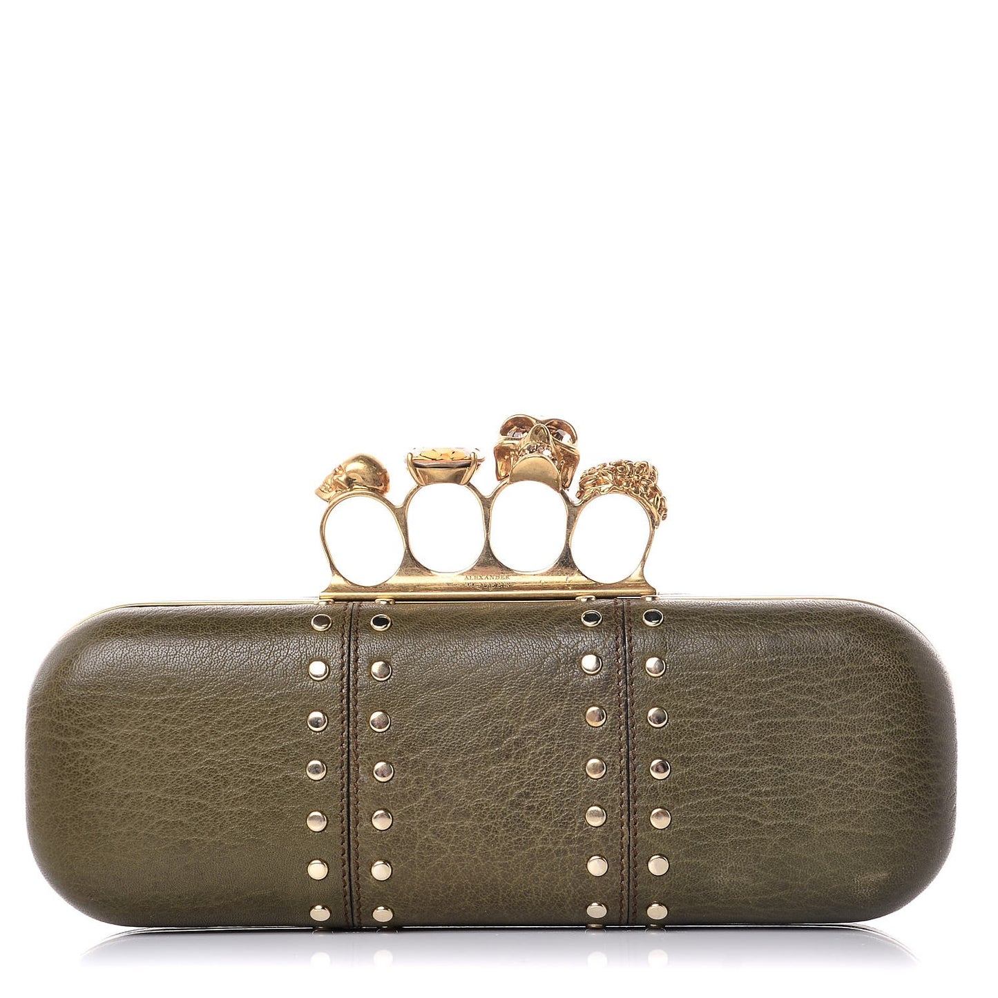 Nappa Skull Studded Knuckle Box Clutch Green