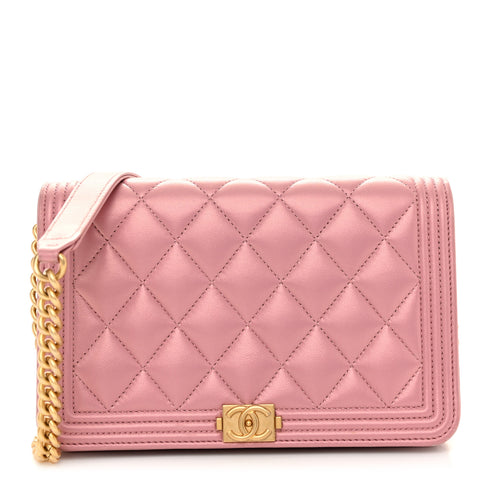 Metallic Lambskin Quilted Boy Wallet On Chain WOC Pink