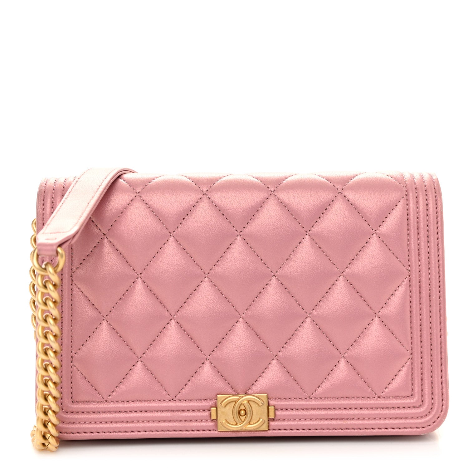 Chanel Metallic Lambskin Quilted Boy Wallet On Chain WOC Pink 1 of 12