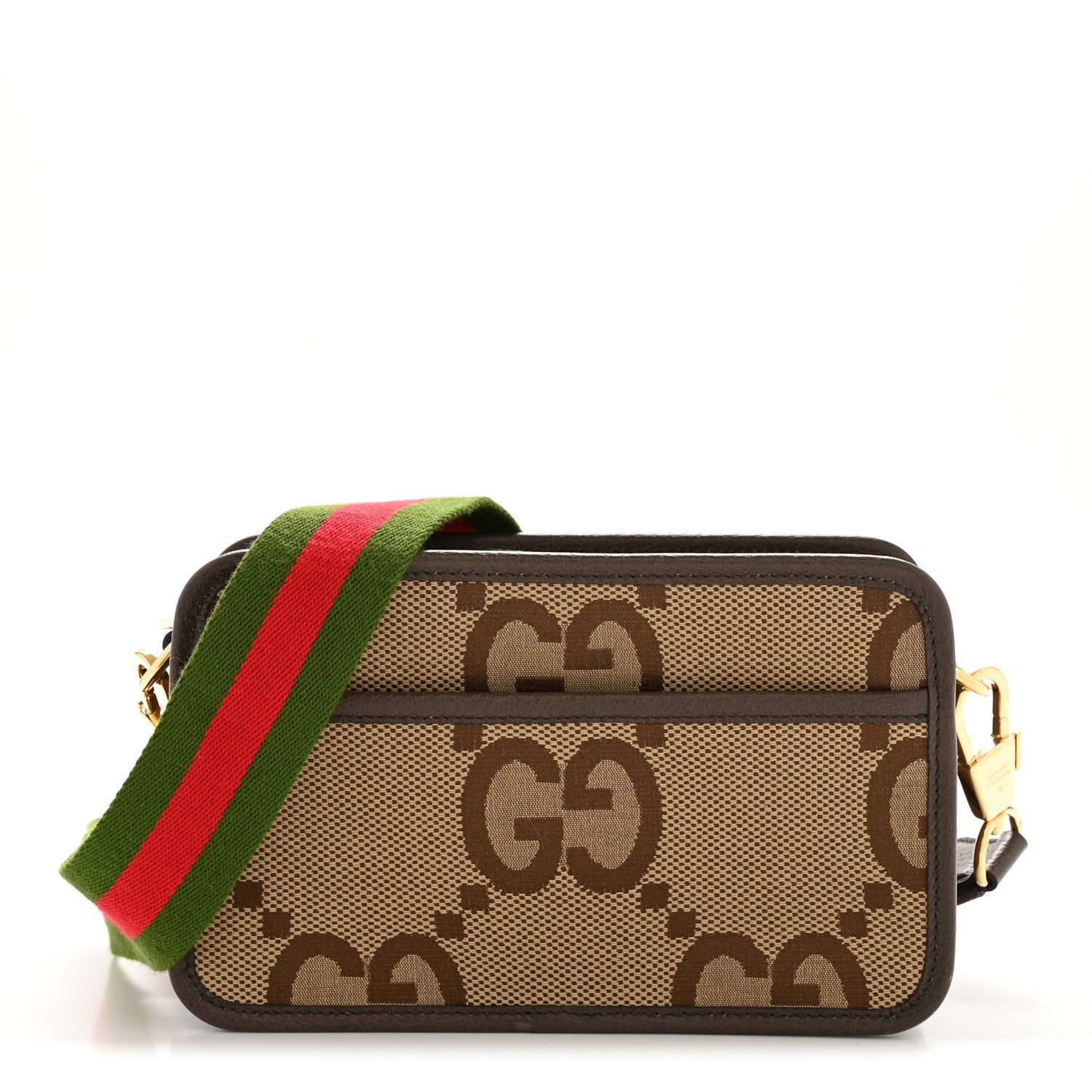 Gucci Monogram Jumbo GG Textured Dollar Calfskin Web Mini Crossbody Bag Camel Ebony New Acero 1 of 10