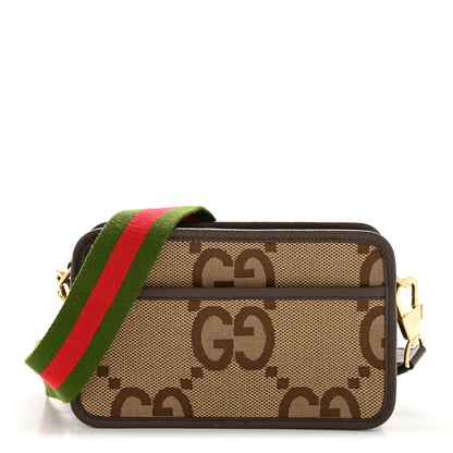 Gucci Monogram Jumbo GG Textured Dollar Calfskin Web Mini Crossbody Bag Camel Ebony New Acero 1 of 10