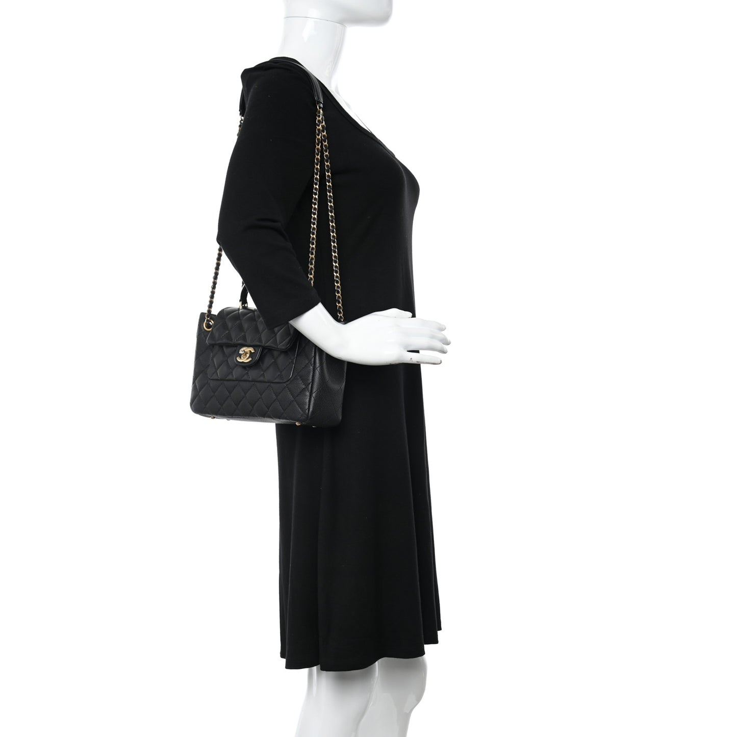 Caviar Calfskin Quilted Small Top Handle Flap Black Black