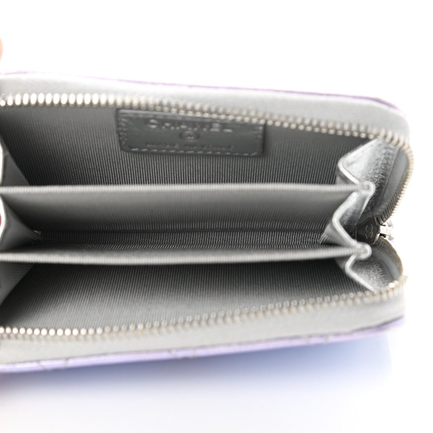 Gradient Metallic Calfskin Quilted Zip Around Coin Purse Wallet Silver Blue Yellow Purple