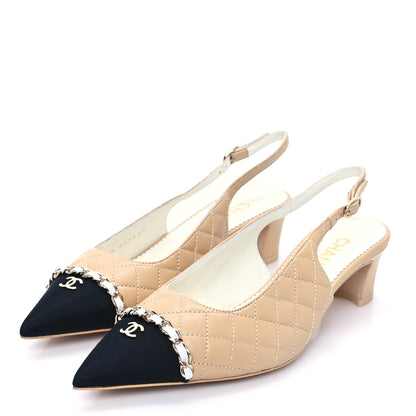 Chanel Lambskin Grosgrain Quilted Cap Toe CC Chain Slingback Pumps 38.5 Beige White Black 3 of 9