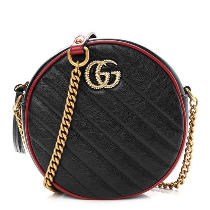 Gucci Vintage Effect Calfskin Matelasse Diagonal Mini Torchon GG Marmont Round Shoulder Bag Black Romantic Cherry 1 of 9