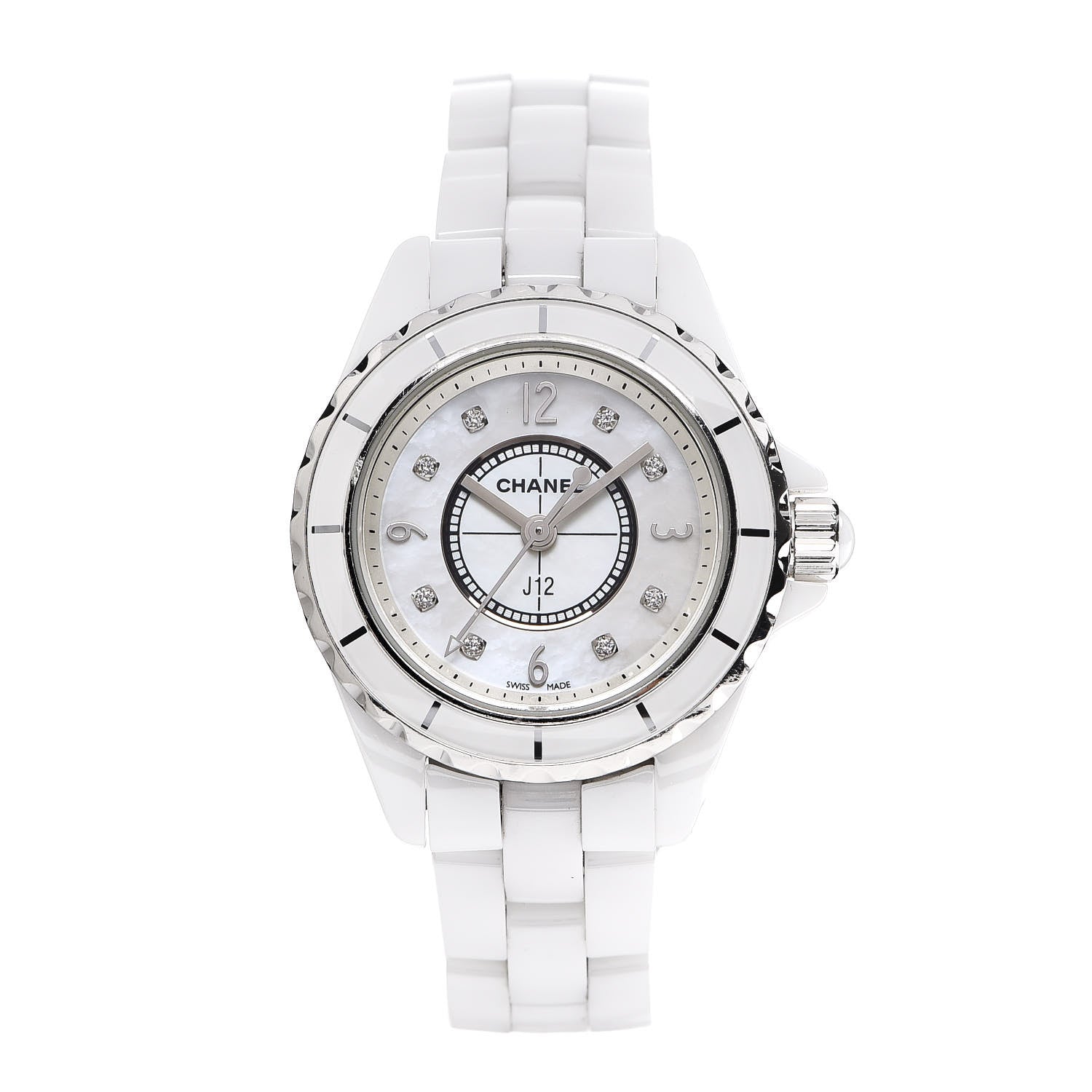 Chanel Stainless Steel Ceramic Diamond Mother of Pearl 29mm J12 Quartz Watch White 1 of 7