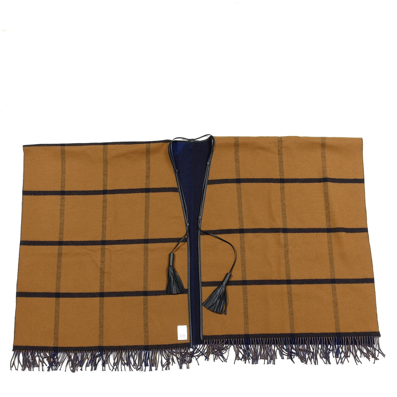 Hermes Wool Calfskin Reversible Highlands Poncho Navy Royal Fauve 4 of 4