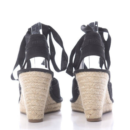 Fendi Canvas FF Embroidered Roma Ankle Wrap Espadrille Wedges 38 Black 7 of 9