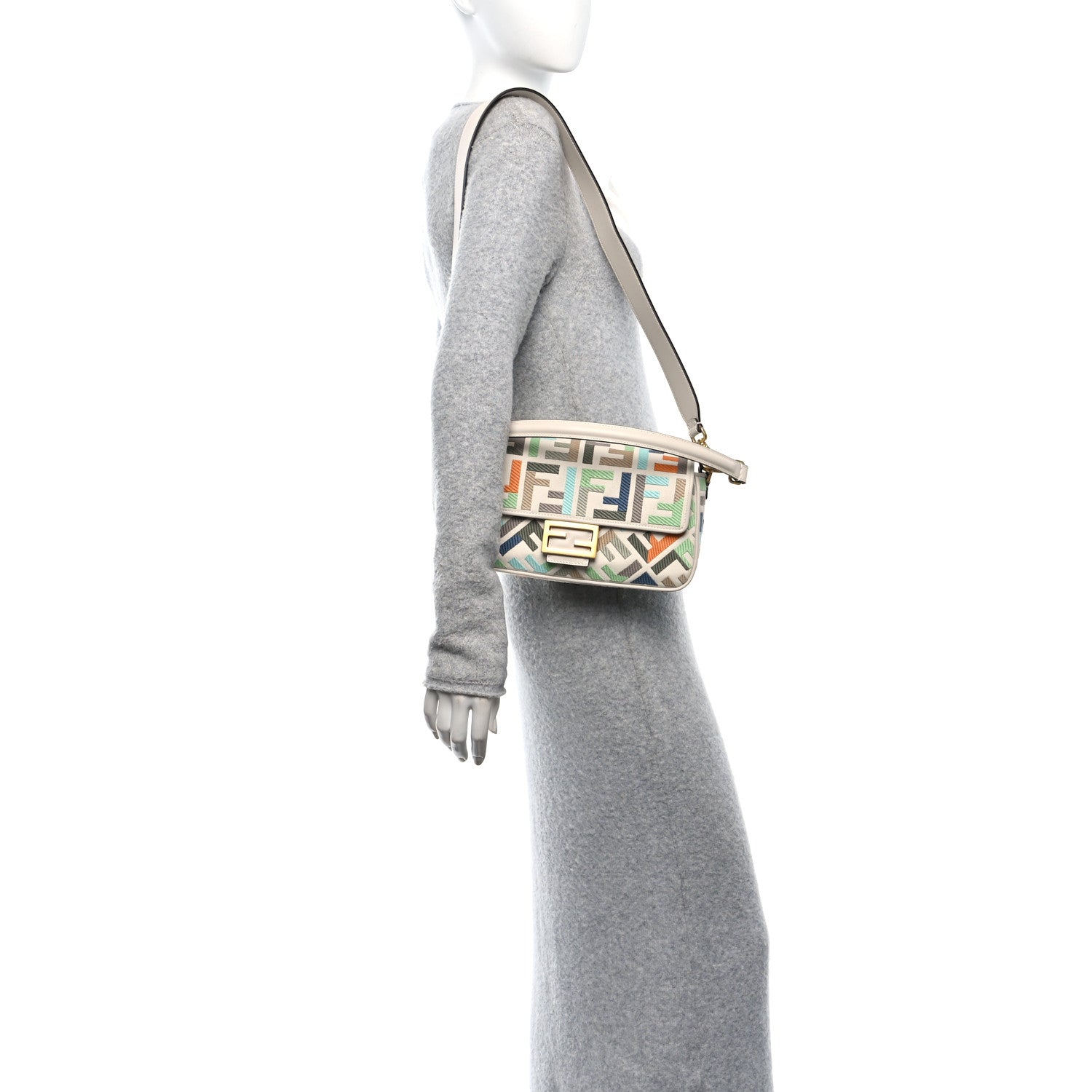 Fendi Canvas Vitello Seta FF Multicolor Embroidered Baguette Grezzo Multicolor Latte 2 of 10