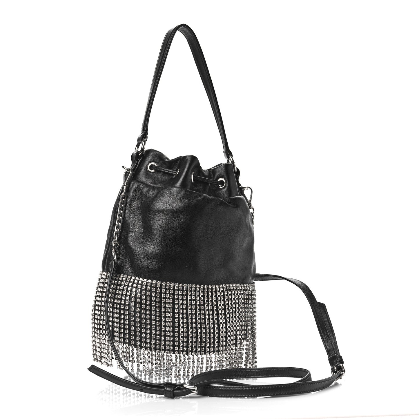 Nappa Crystal Fringe Bucket Bag Black