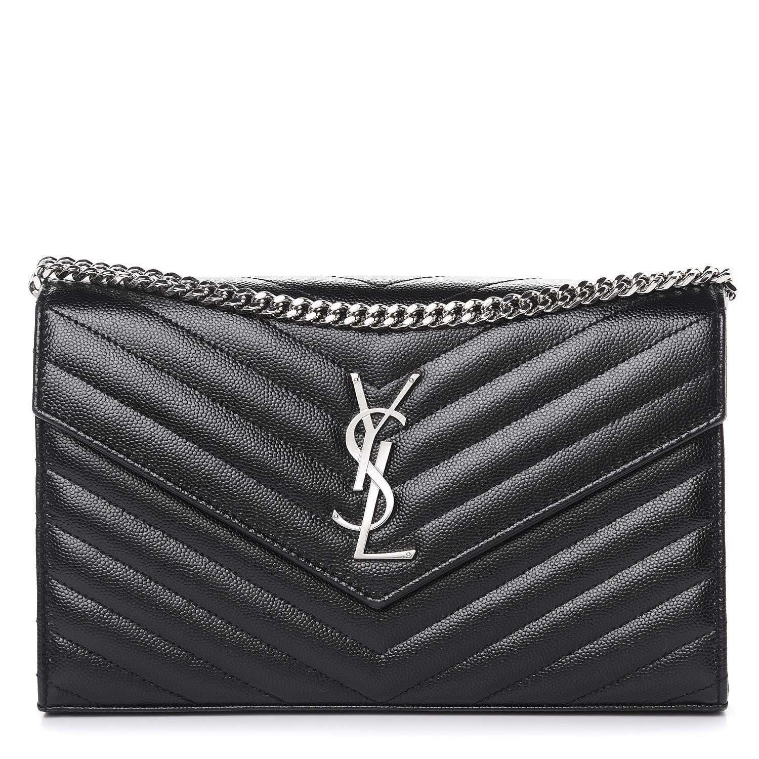 Saint Laurent Grain De Poudre Matelasse Chevron Monogram Chain Wallet Black 1 of 9