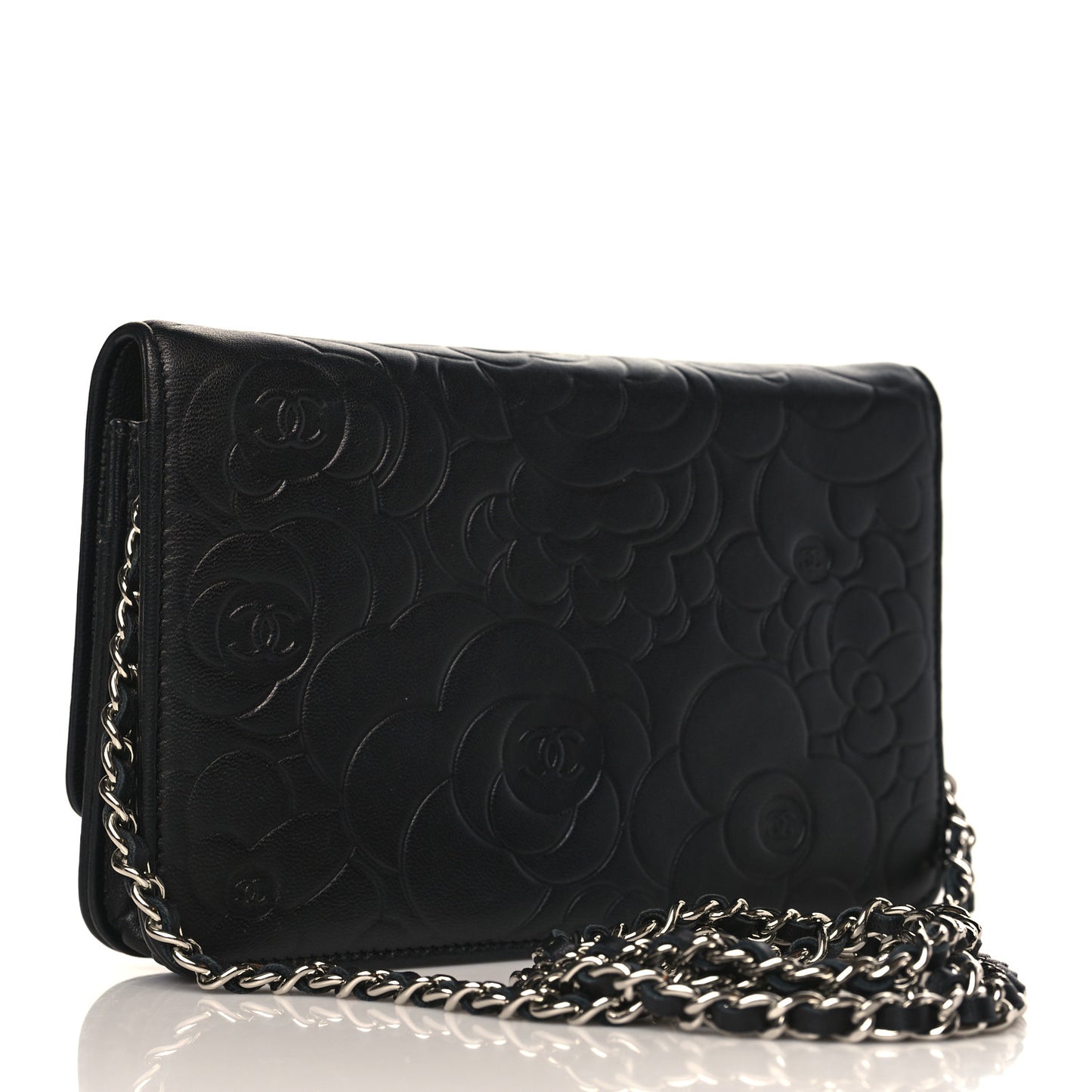 Lambskin Camellia Embossed Wallet on Chain WOC Black