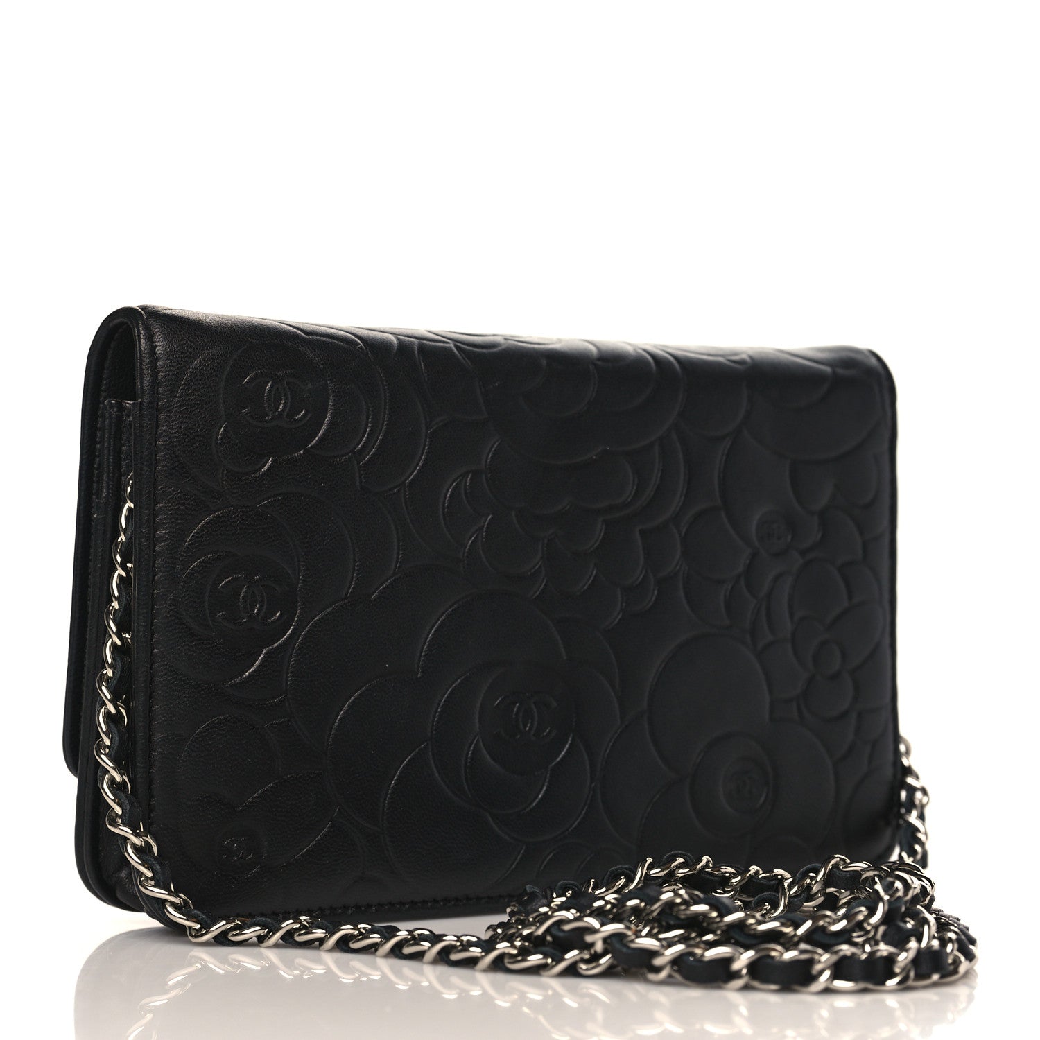 Chanel Lambskin Camellia Embossed Wallet on Chain WOC Black 3 of 10