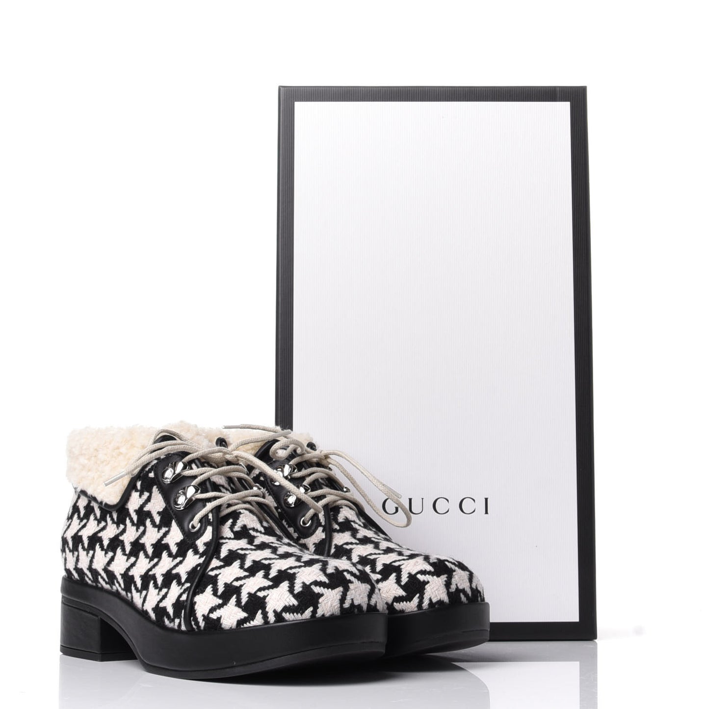 Optical Tweed Faux Shearling Houndstooth Victor Lace Up Ankle Boots 37.5 White Black