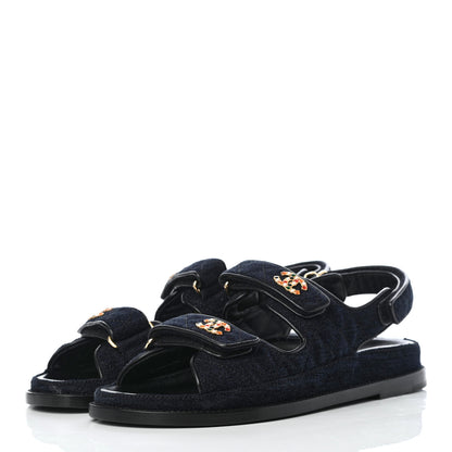 Chanel Velvet Velcro Dad Sandals 40 Navy Blue 3 of 9