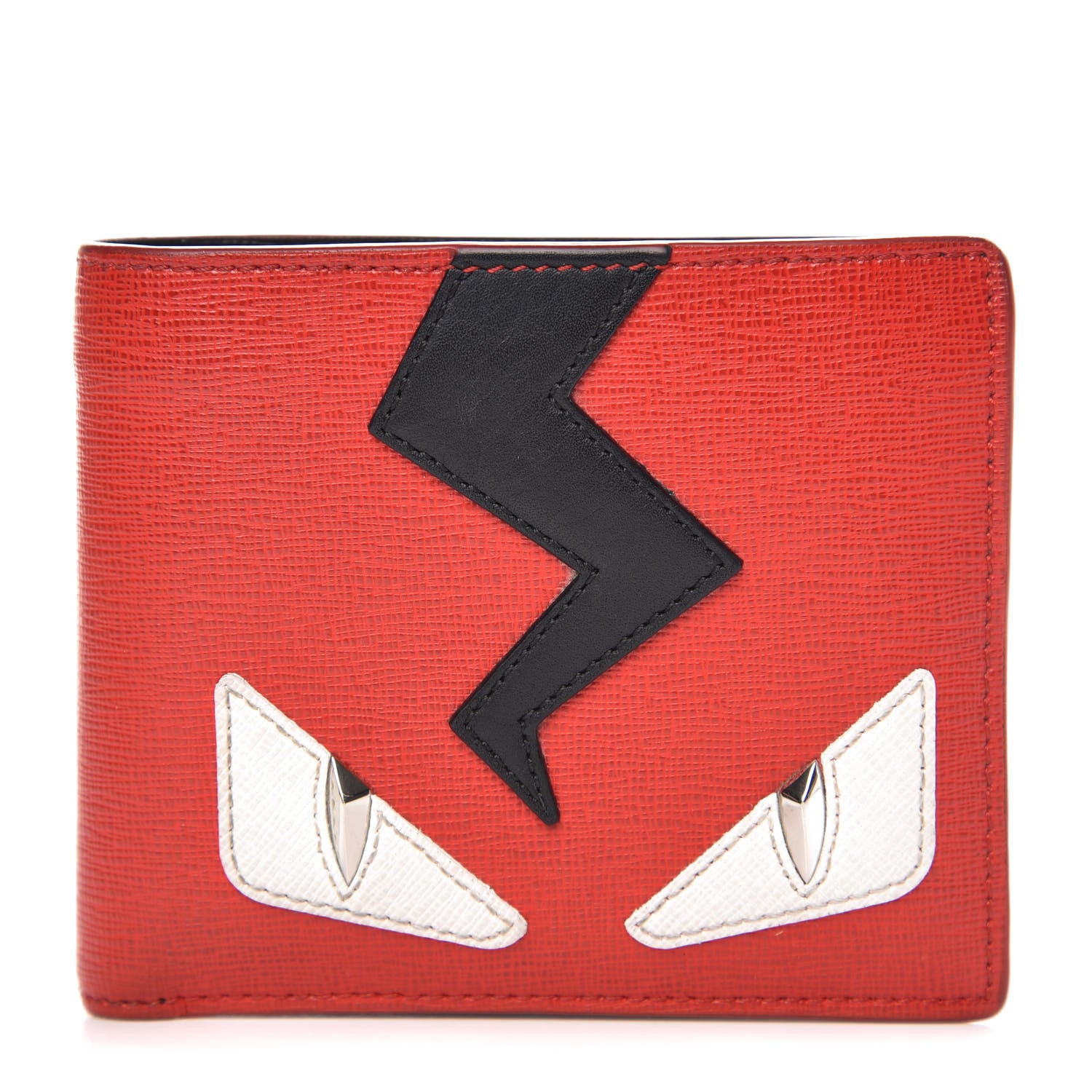 Fendi Vitello Elite Flamingo Lightning Monster Eyes Bi-Fold Wallet Rosso White Black 1 of 9
