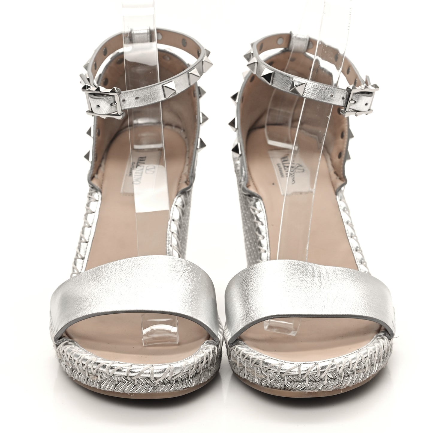 Metallic Grained Calfskin Rockstud Crisscross Ankle Strap Espadrille Wedge Sandals 40 Silver