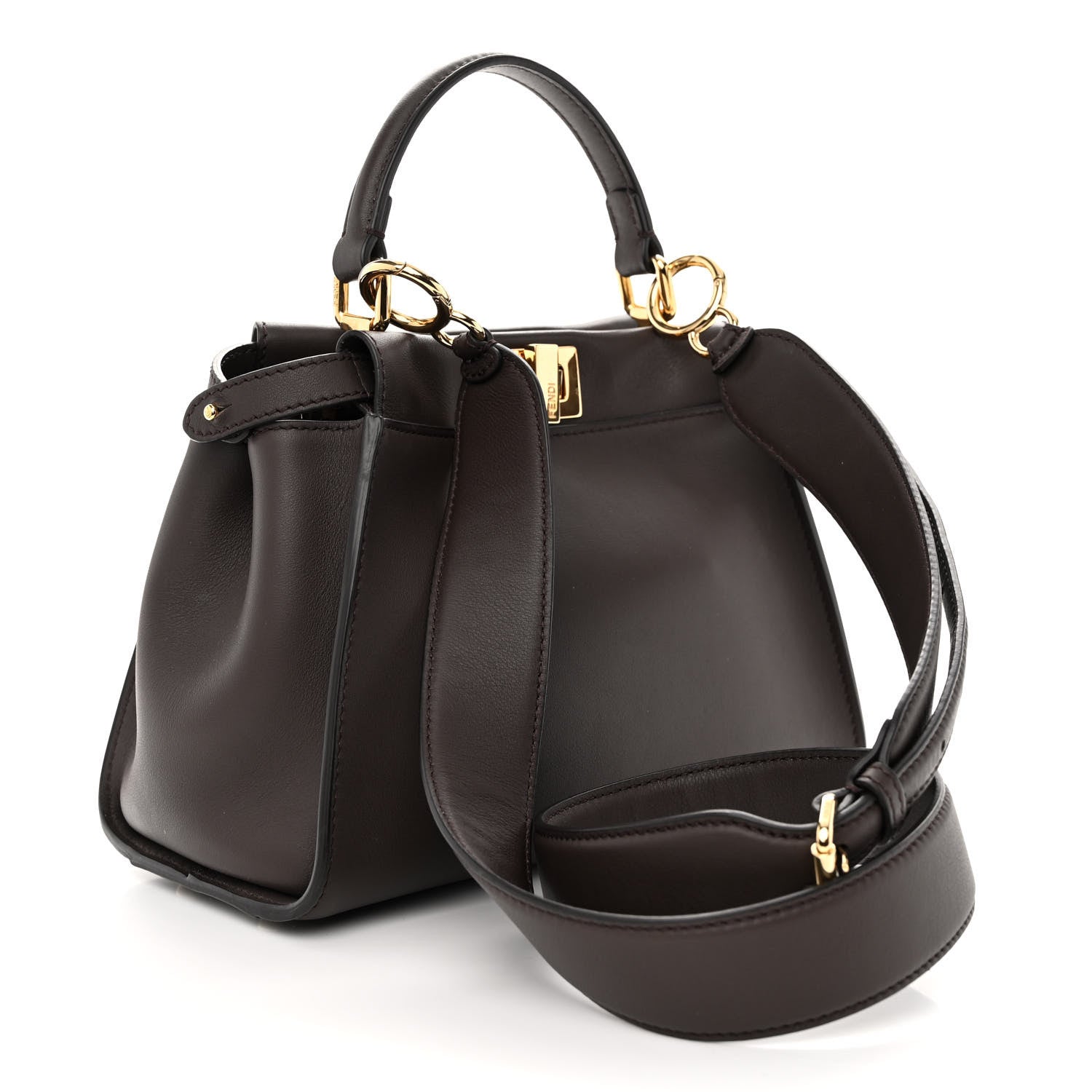 Fendi Vitello Seta Suede FF Mini Peekaboo Iconic Satchel Chocolate Sigaro Marrone 3 of 10
