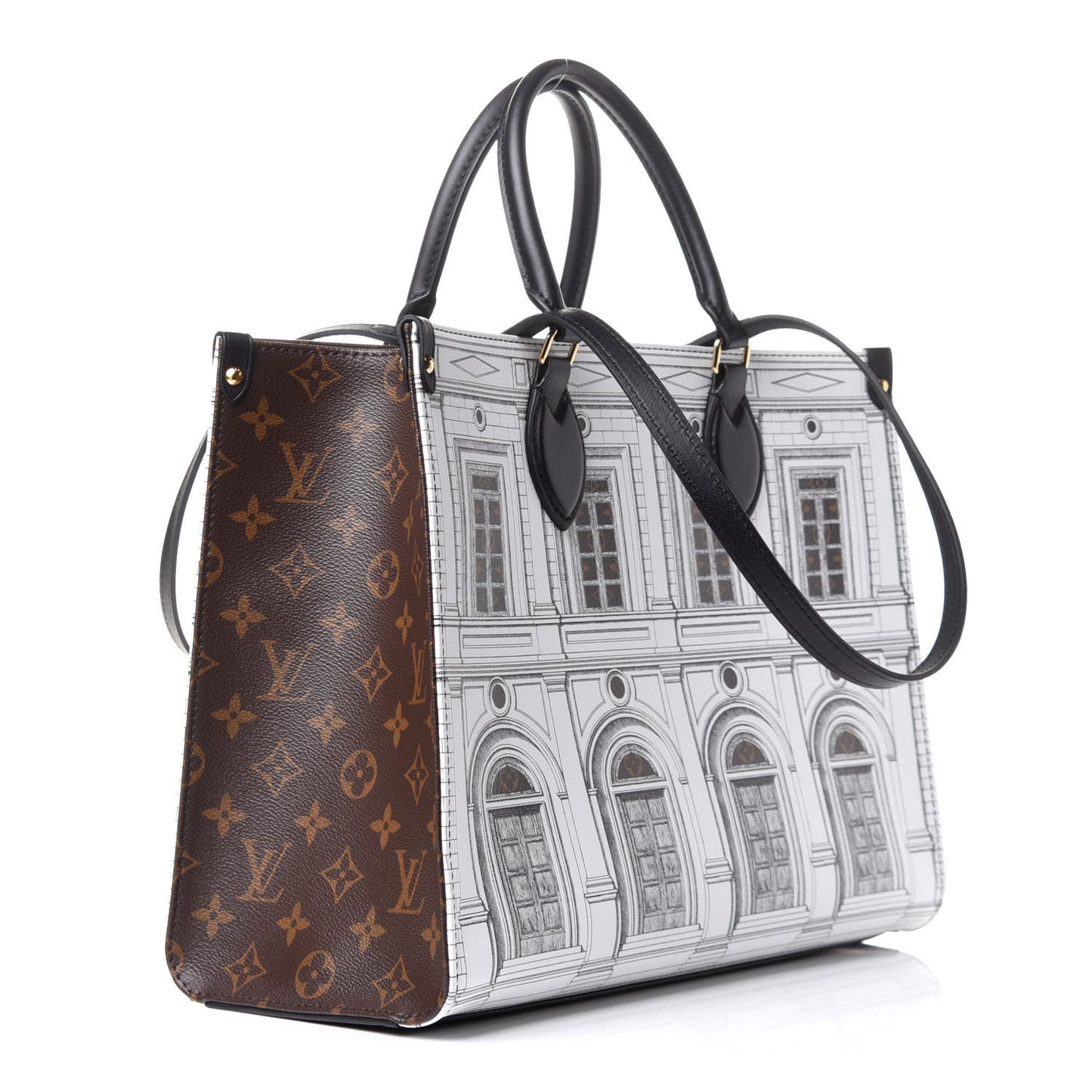 X FORNASETTI Calfskin Architettura Onthego MM Black White