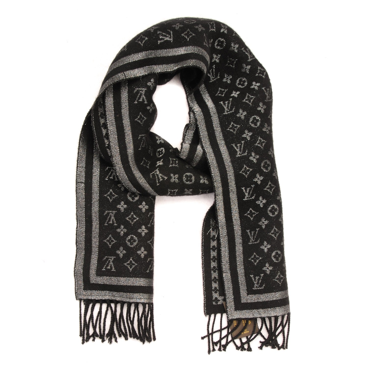 Louis Vuitton Wool Cashmere Lurex Monogram Scarf Black Silver 1 of 3